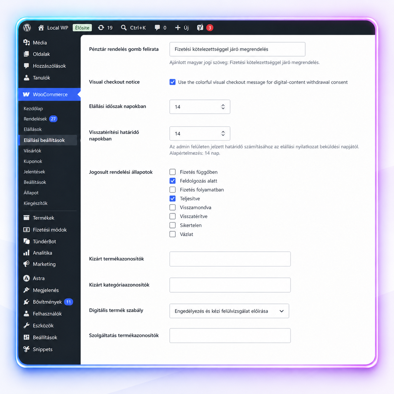 WooCommerce elállási beállítások fő opciói rendelésállapotokkal és határidőkkel