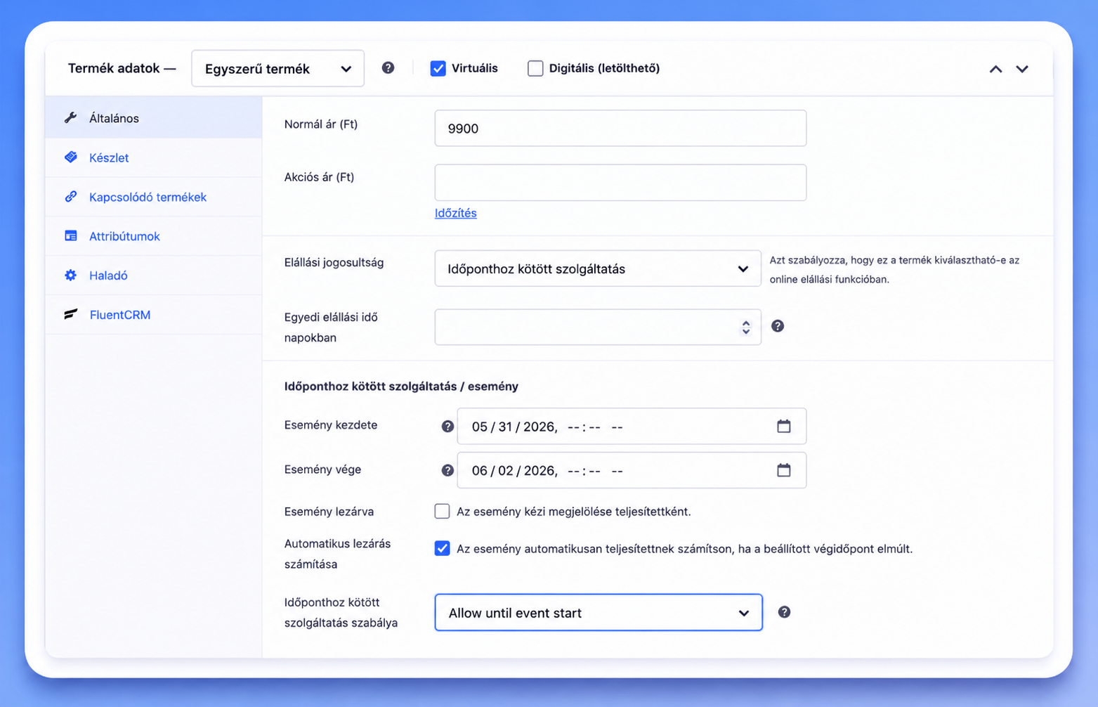 WooCommerce termékadatok esemény kezdete és vége mezőkkel, automatikus lezárás számítással