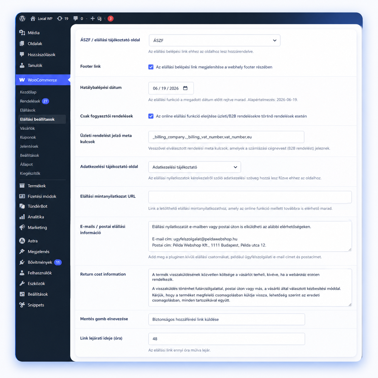 WooCommerce elállási beállítások admin képernyő