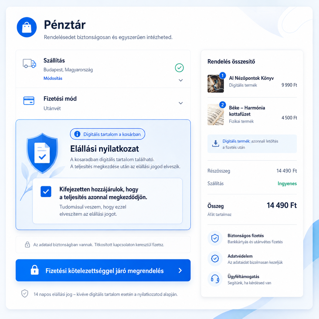 Checkout oldal külön digitális tartalom hozzájárulási checkboxszal